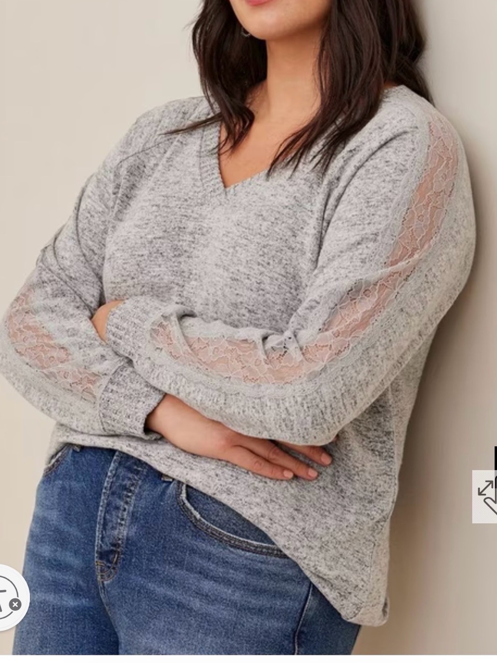Torrid Light Gray V-Neck Sweater with Lace Sleeve Insets